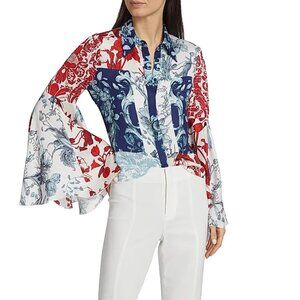Alice + Olivia Willa Mixed Floral Bell Sleeve Satin Button Front Blouse Size XS
